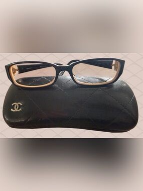 CHANEL Black Frames with Tan Inner Trim and Gold Flower with emblem on temples